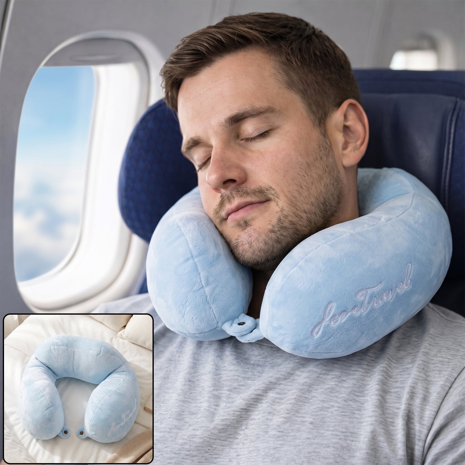 U shaped soft travel neck pillow, blue plush head and neck support cushion (1 pc)