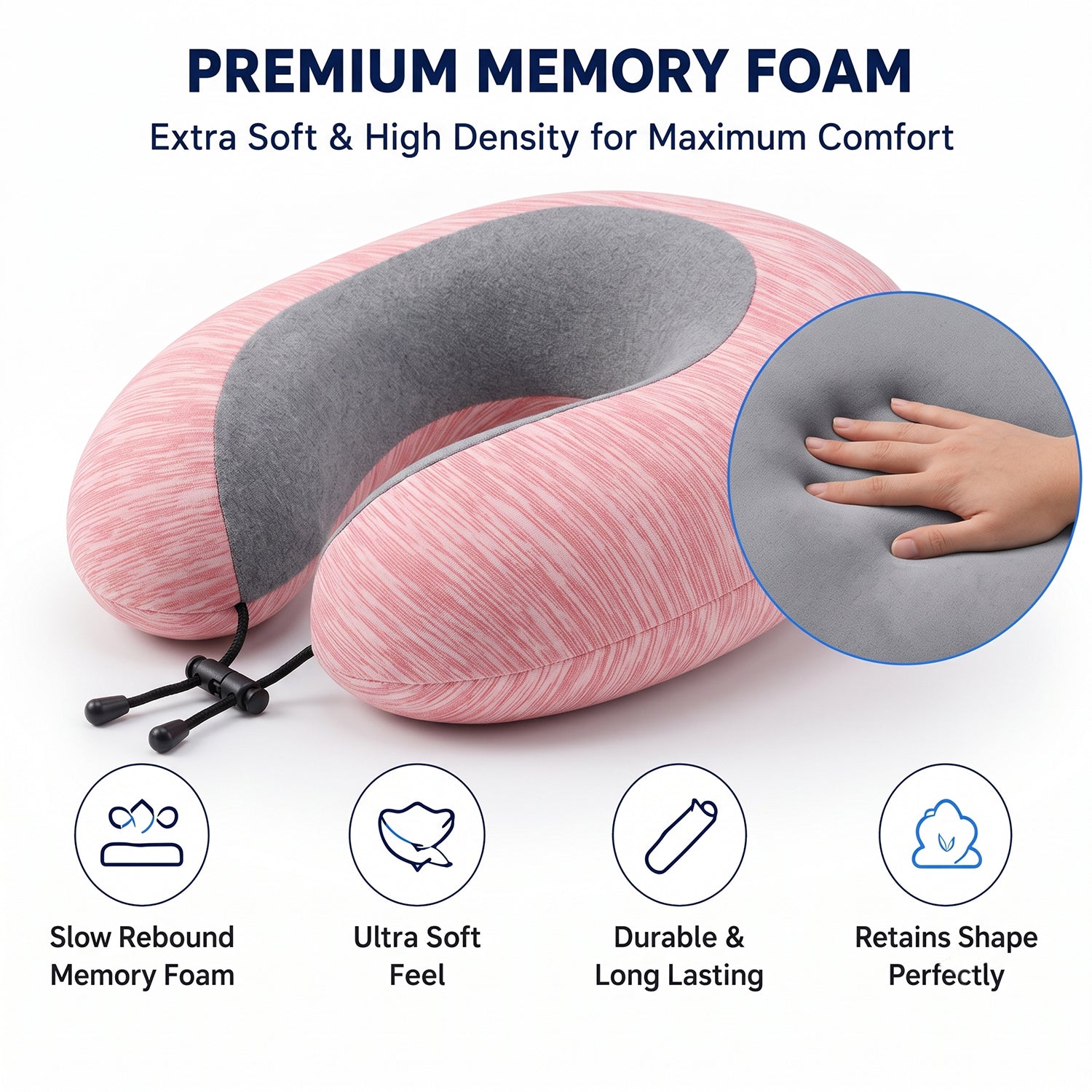 Portable neck pillow with soft cover and drawstring toggle