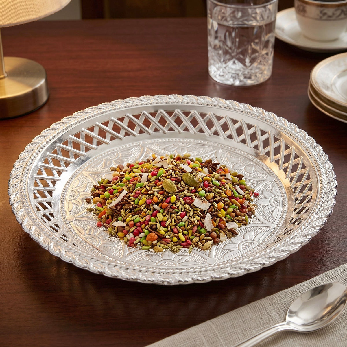 Decorative Silver Serving Tray – Elegant Round Floral Design – view 8