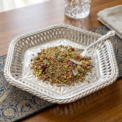 Decorative Silver Serving Tray – Traditional Embossed – close-up