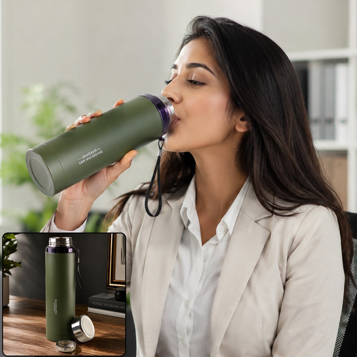 Vacuum insulated water bottle 1000ml, steel hot and cold flask with cup lid (1 pc)