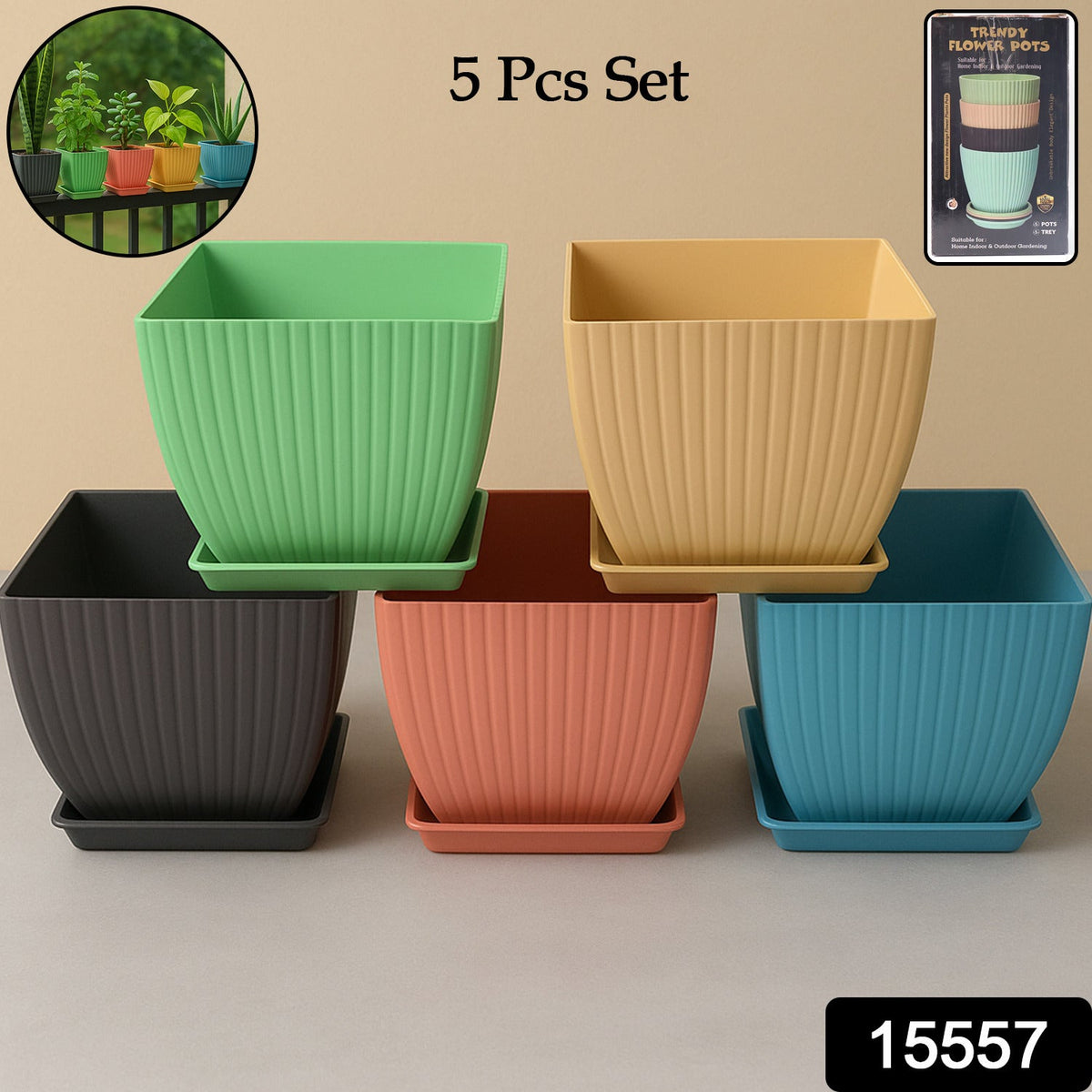 Square Plastic Flower Pots set of 5 – Durable Lightweight – side view