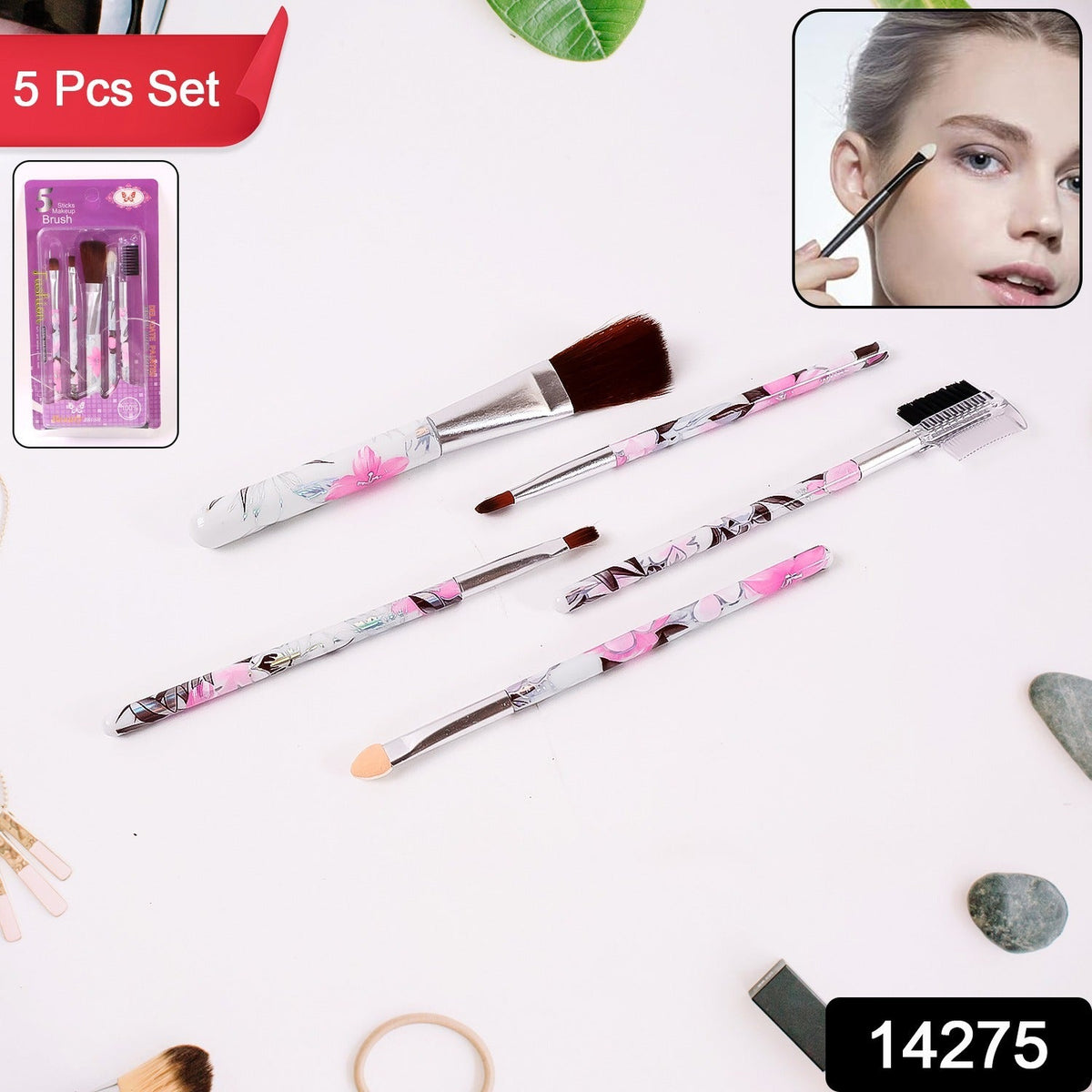 Makeup Brush set – 5-Piece Floral Face, Eyes & Lips Kit – side view