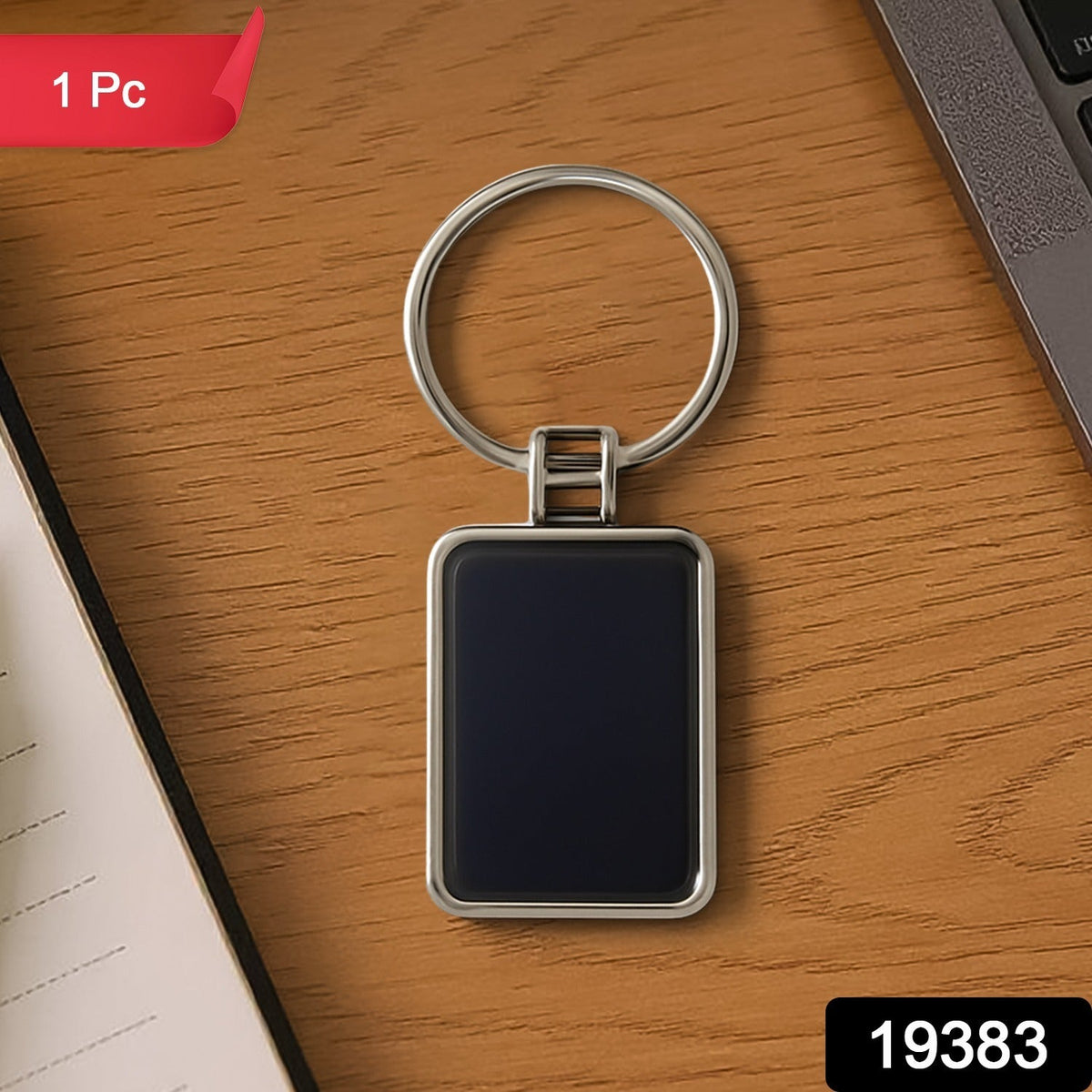 Rectangular Metal Keychain – Durable Black & Silver Design – side view