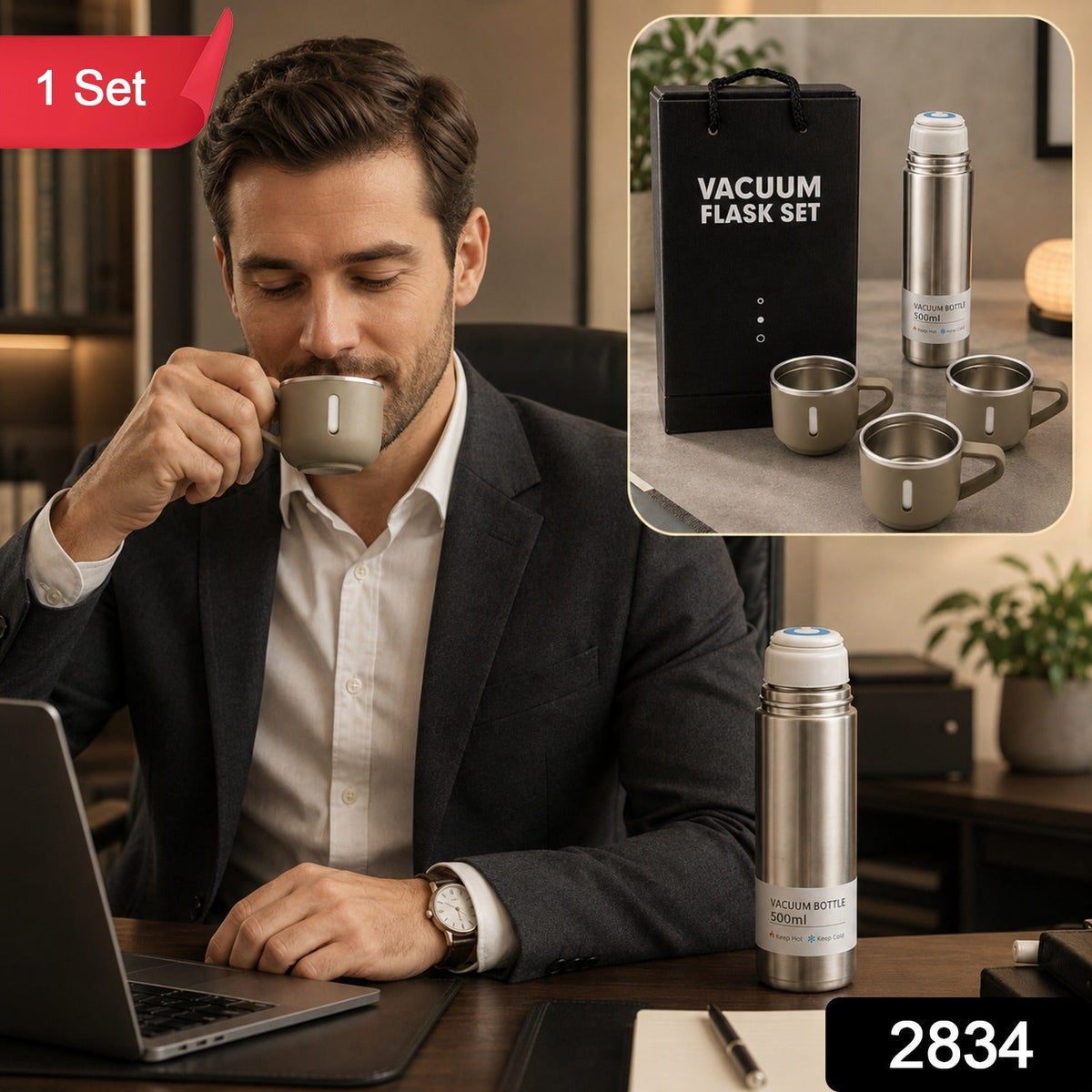 Stainless Steel Vacuum Flask set for Men with 3 Cups 500 ml – side view