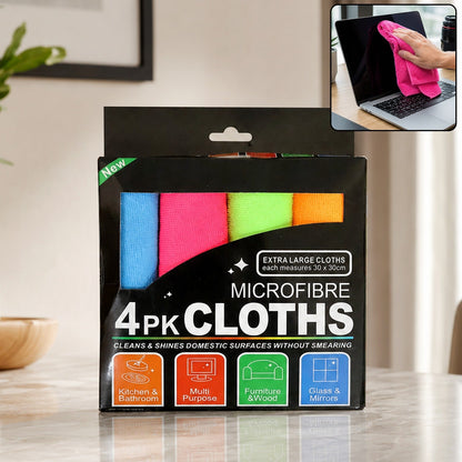 Set of 4 microfibre cloths for cleaning glass, counters and surfaces