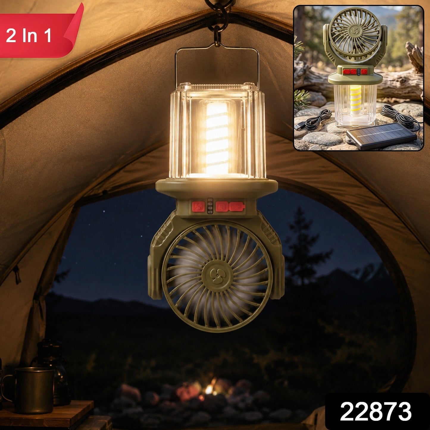 2 In 1 Solar Rechargeable Camping Fan with LED Lantern Light Portable (1 Pc)