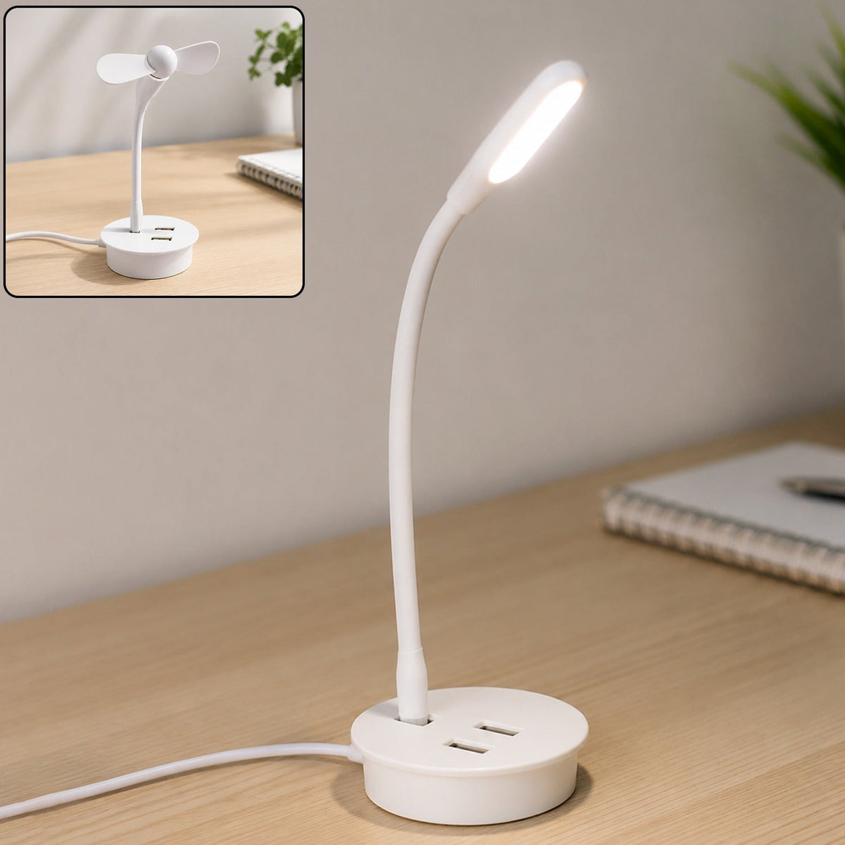 Portable USB Fan, Light & 3-Port Hub Combo for Laptops
