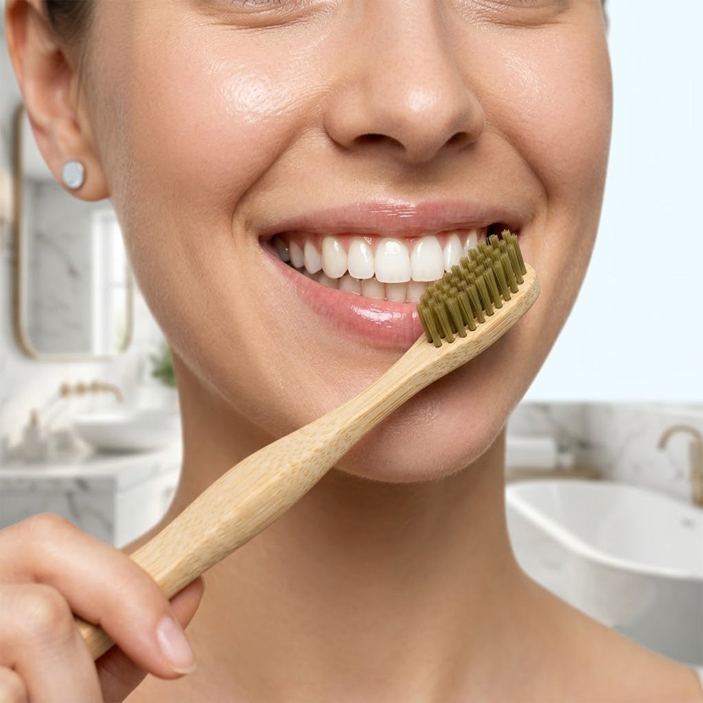 Soft Bristle Bamboo Toothbrush, Eco-Friendly Wooden Toothbrush with Green Bristles (1 Pc)