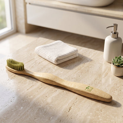 Soft Bristle Bamboo Toothbrush, Eco-Friendly Wooden Toothbrush with Green Bristles (1 Pc)