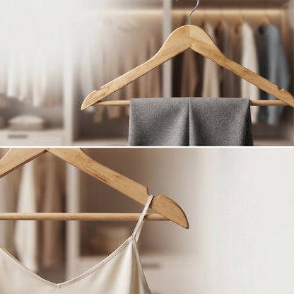 Natural wood clothes hanger with bar for wardrobe organizing