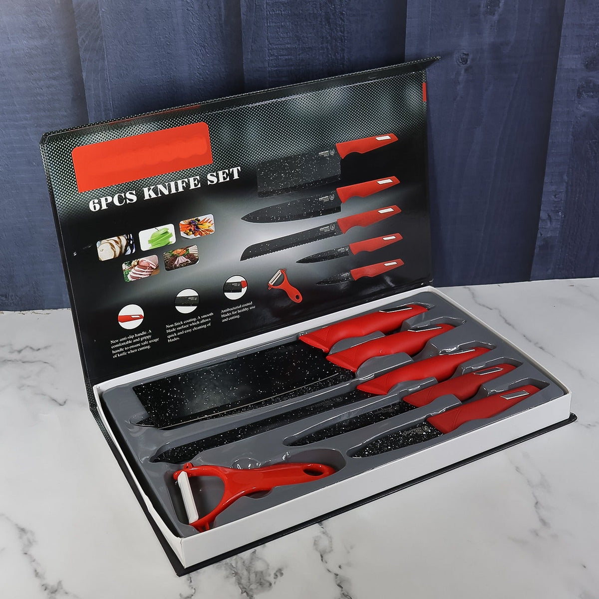 Kitchen Knife set – Marble-Coated Blades & Ergonomic Red – detail view