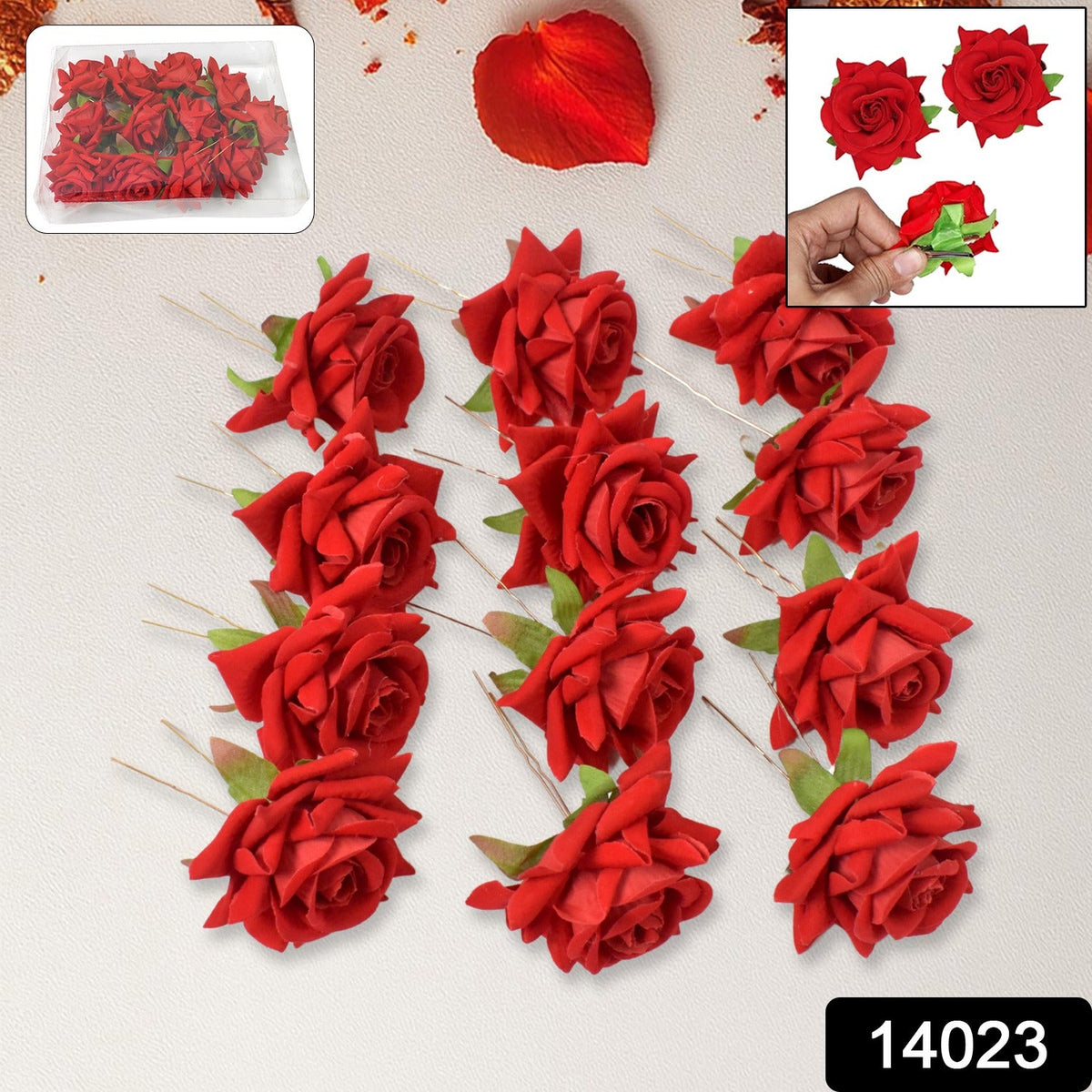 Red Rose Hair Clip – 12 pc Bridal Flower Pins for Women – side view