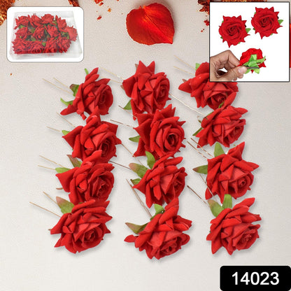 Red Rose Hair Clip – 12 pc Bridal Flower Pins for Women – side view