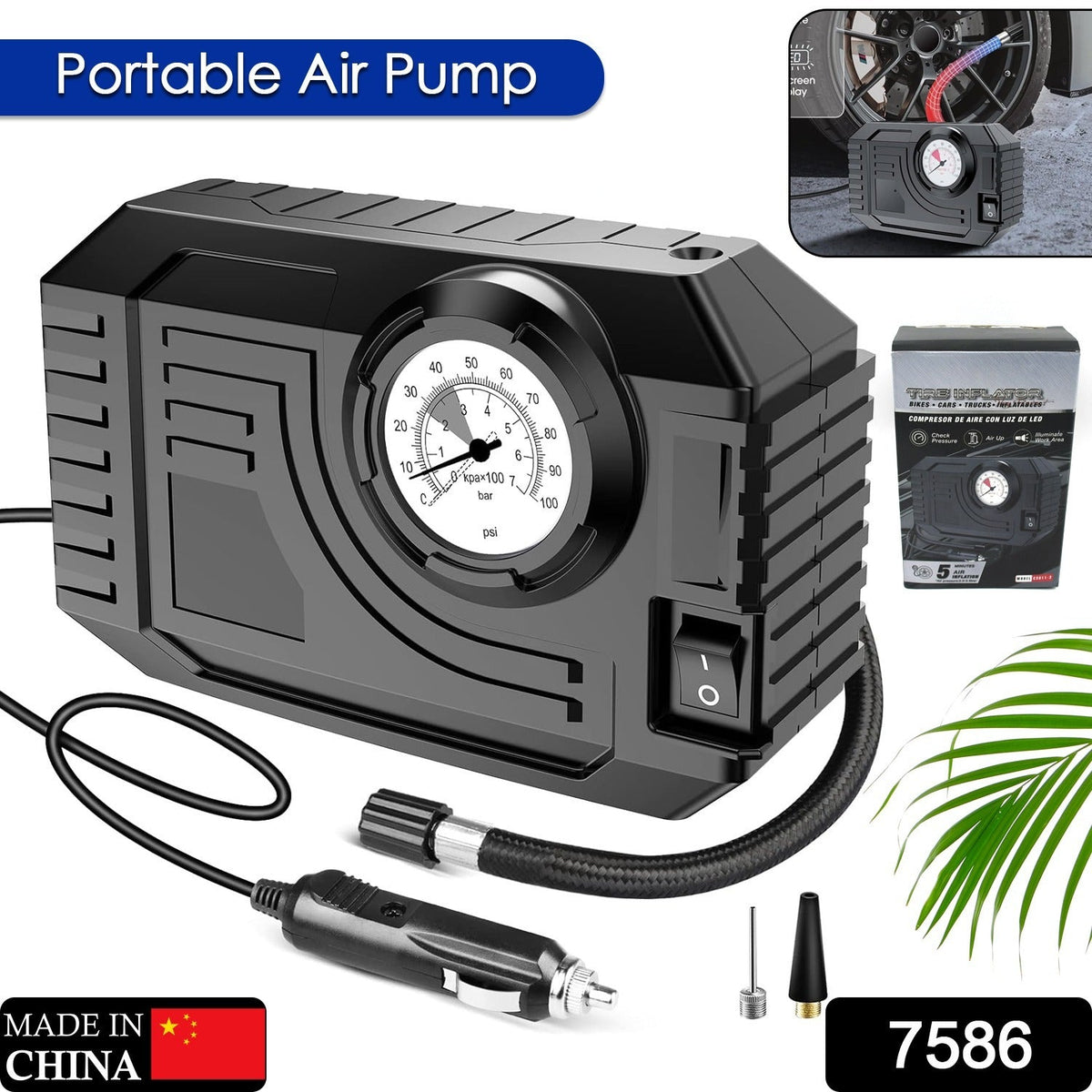 Portable Tire Inflator – 12V Air Compressor with Gauge – side view