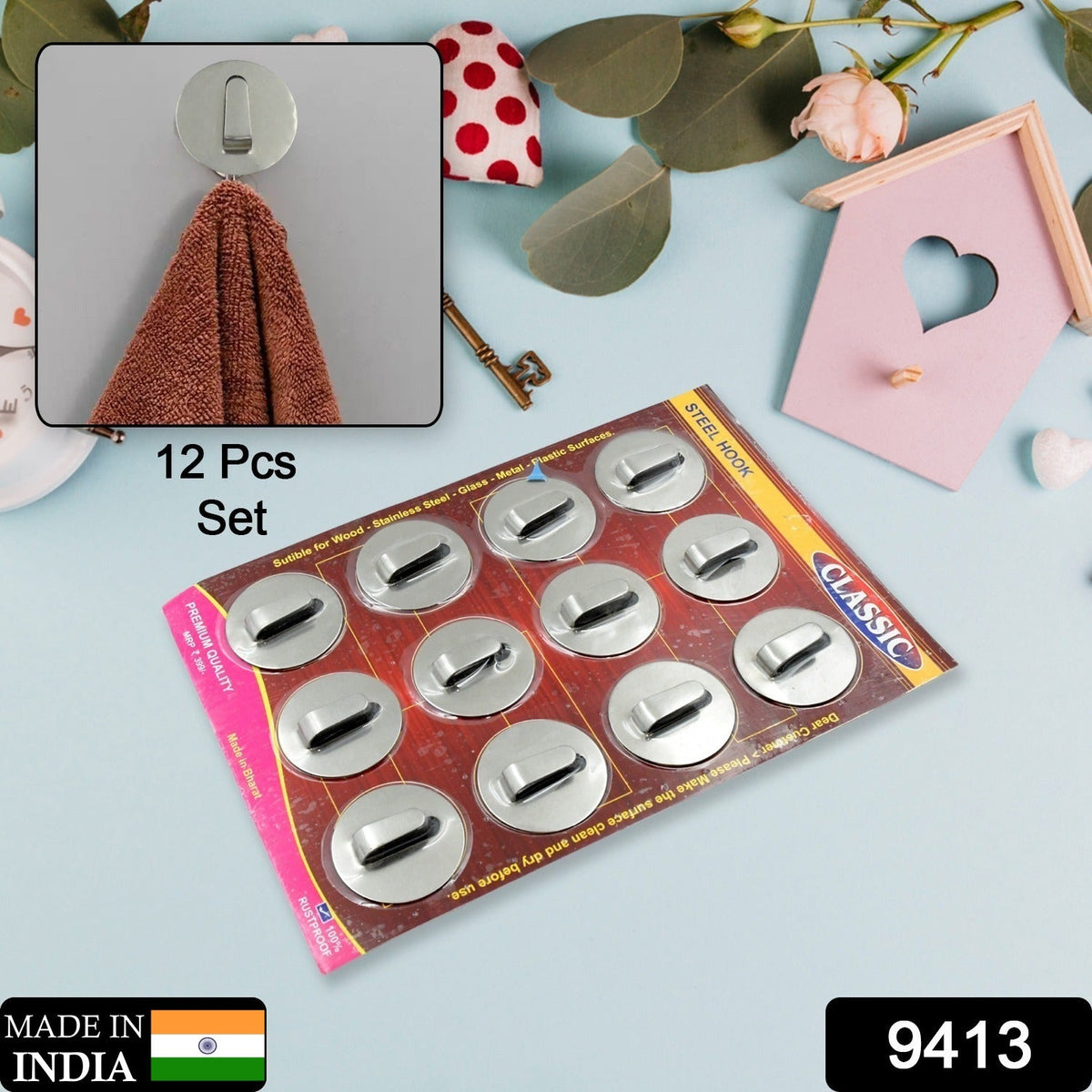 Self-Adhesive Wall Hooks – 12 pcs Steel Multipurpose – side view