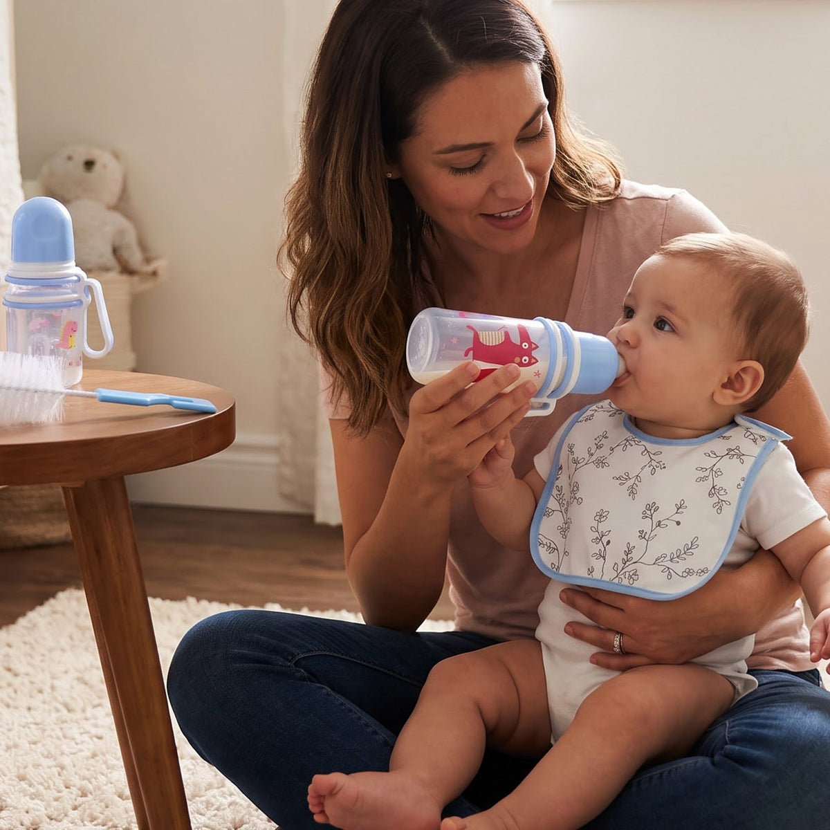 Plastic Baby Feeding Bottle set with Bib Brush – close-up