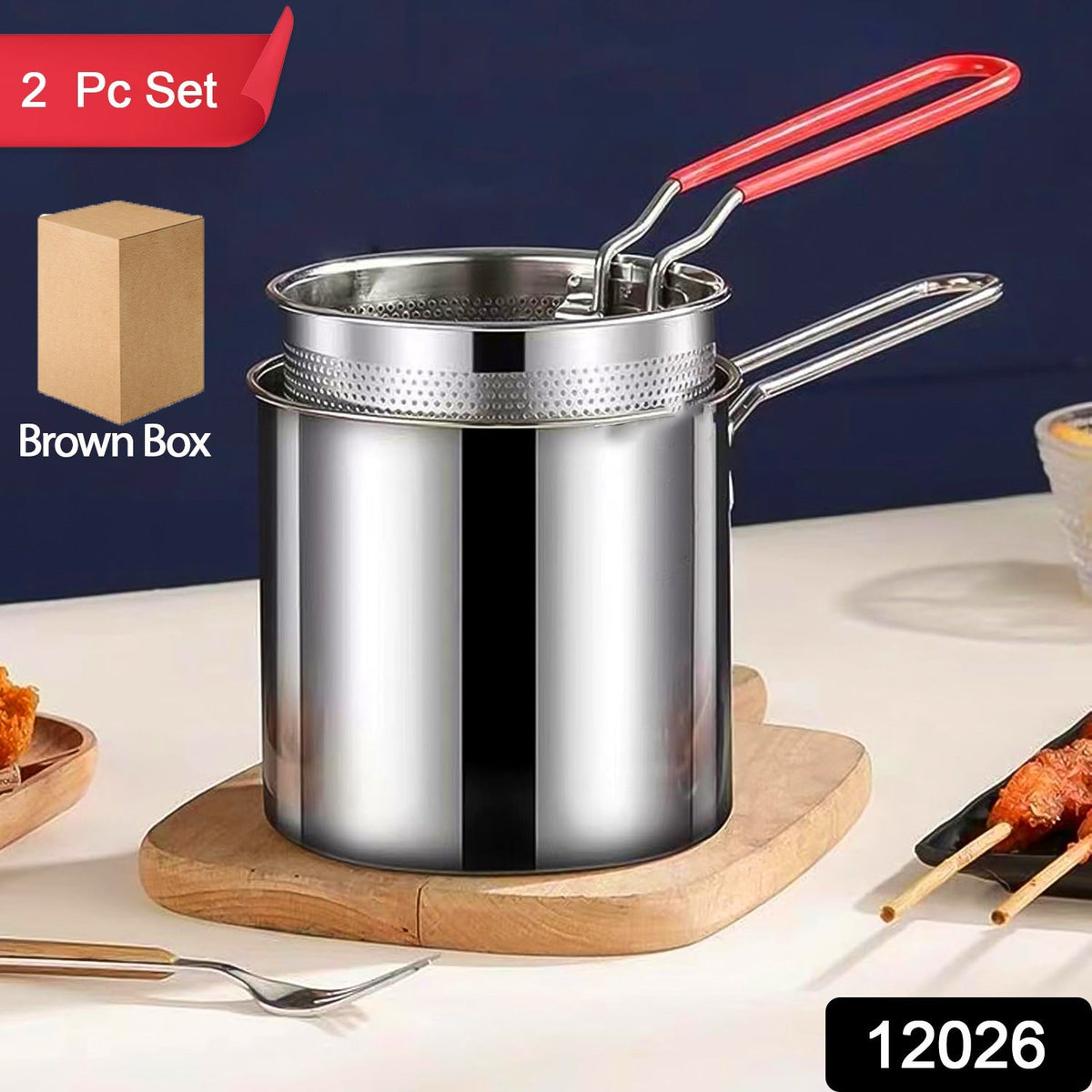 Deep Frying Pot – Stainless Steel with Strainer Basket – side view