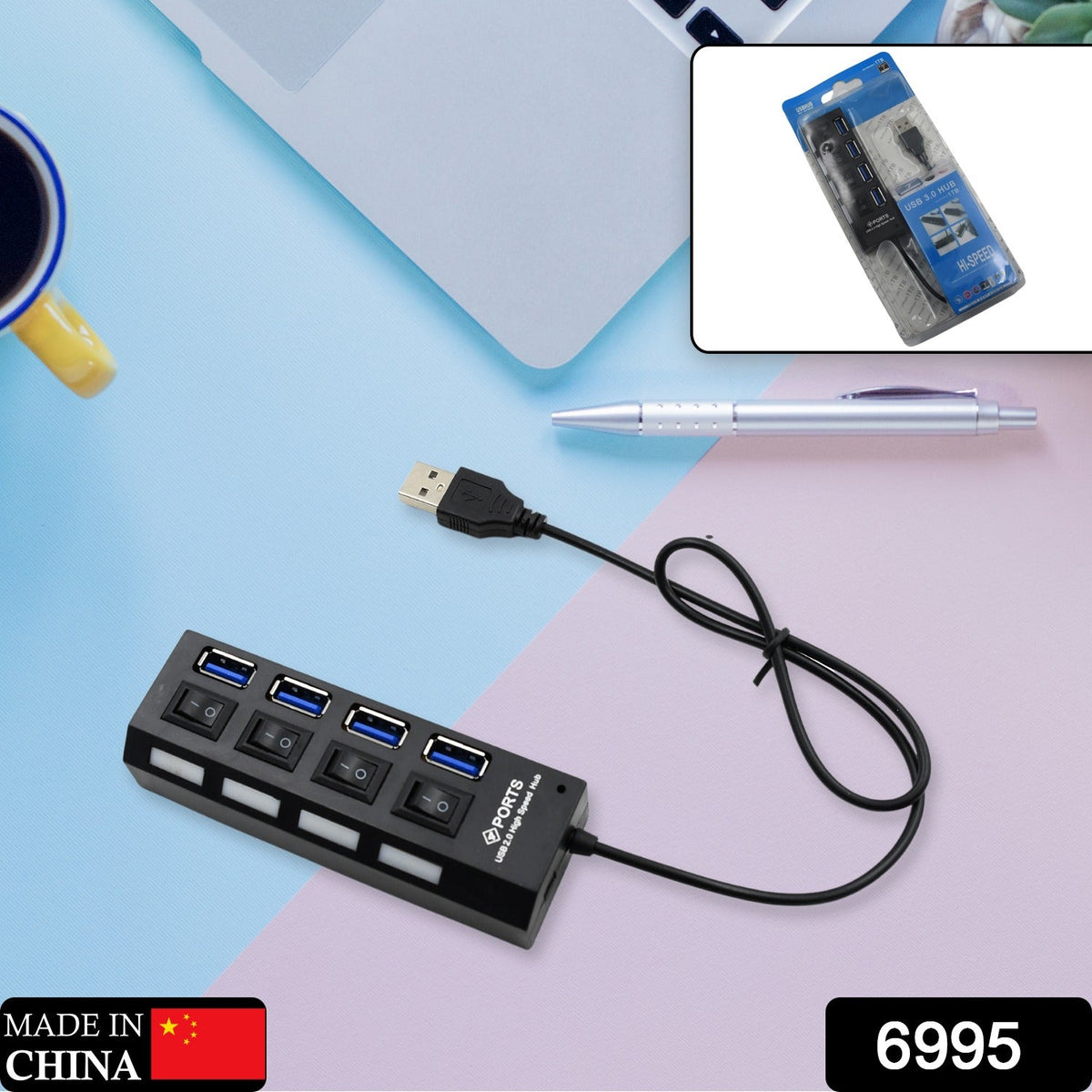 4 Port USB Hub – High-Speed 2.0 Splitter with Switches – side view