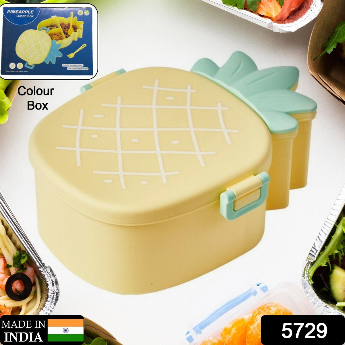 Kids Bento Lunch Box – Pineapple Design with Fork & Spoon – side view