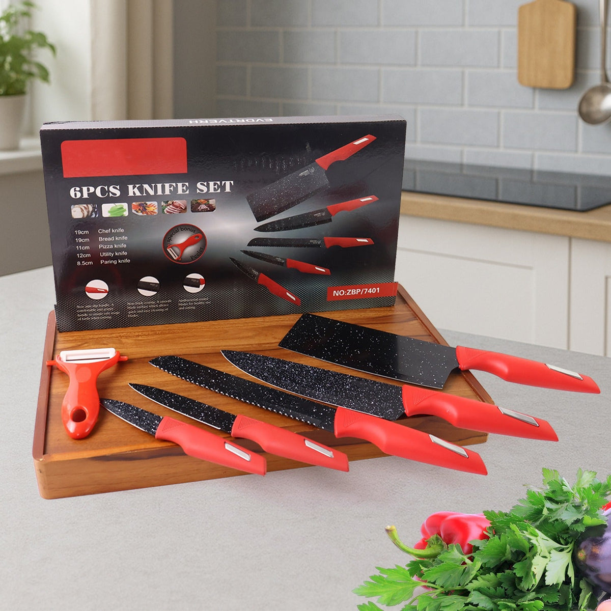 Kitchen Knife set – Marble-Coated Blades & Ergonomic Red