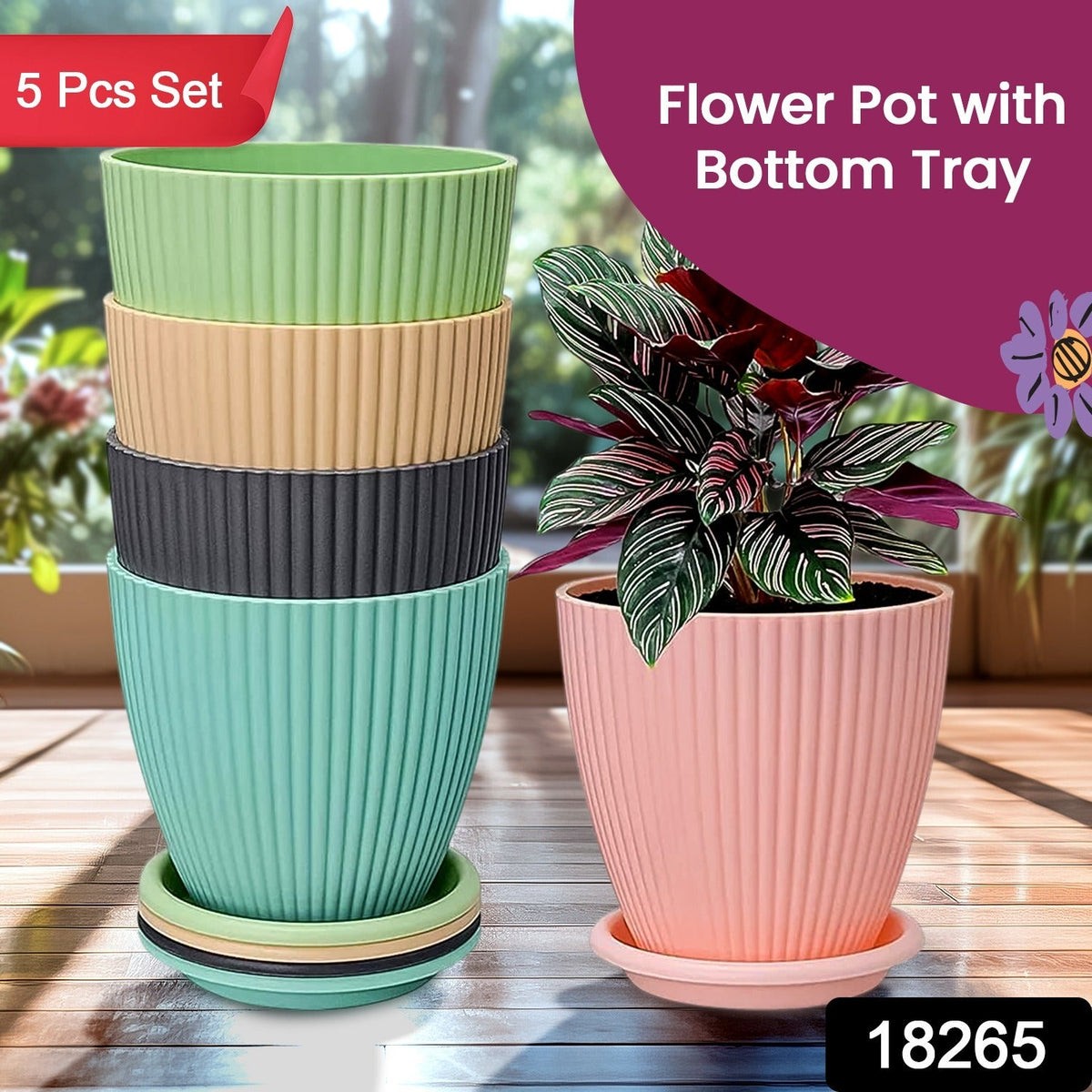 Plastic Flower Pot set – 5 Durable Planters with Trays – side view