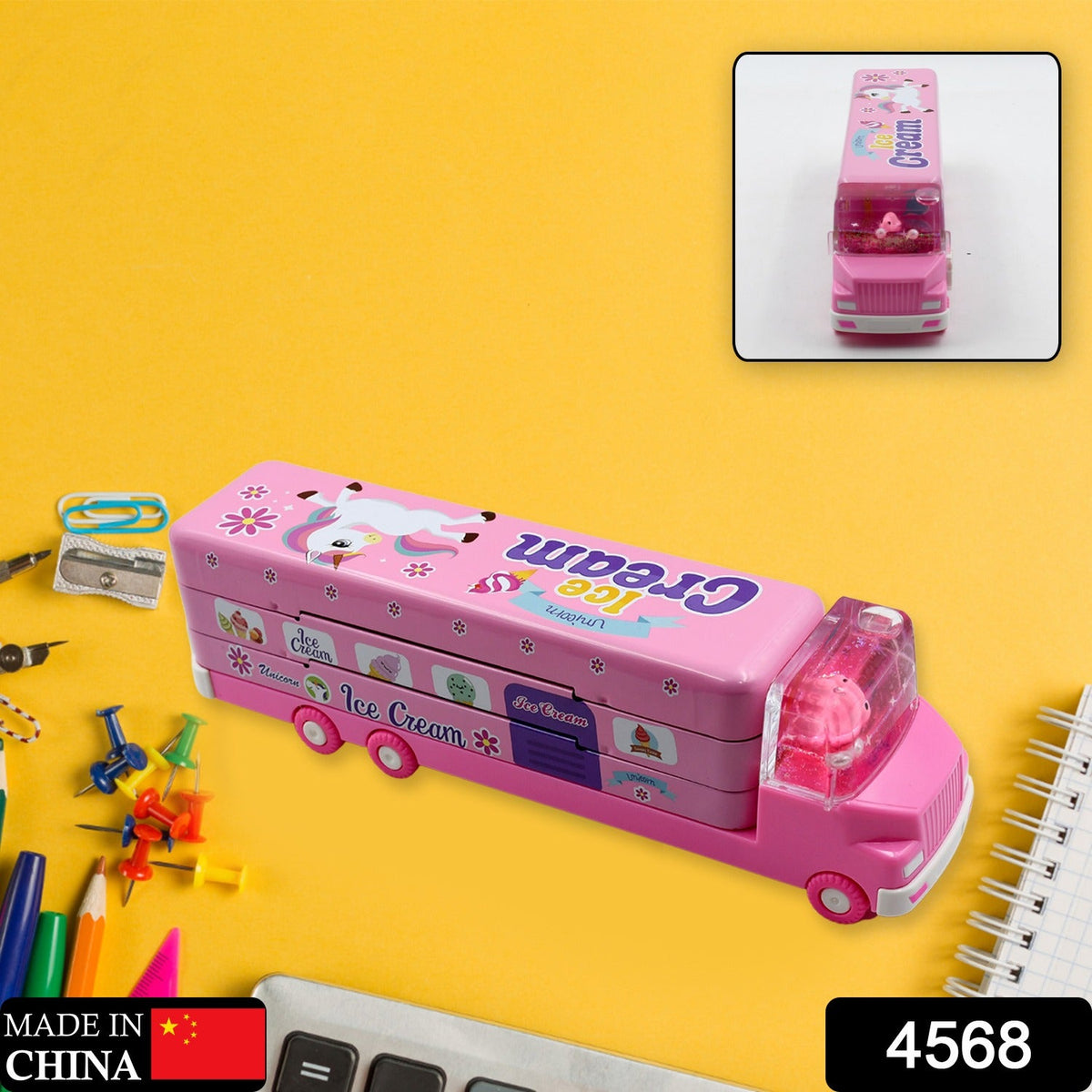 Kids Truck Pencil Case – Multi-Level Metal Double Decker – side view