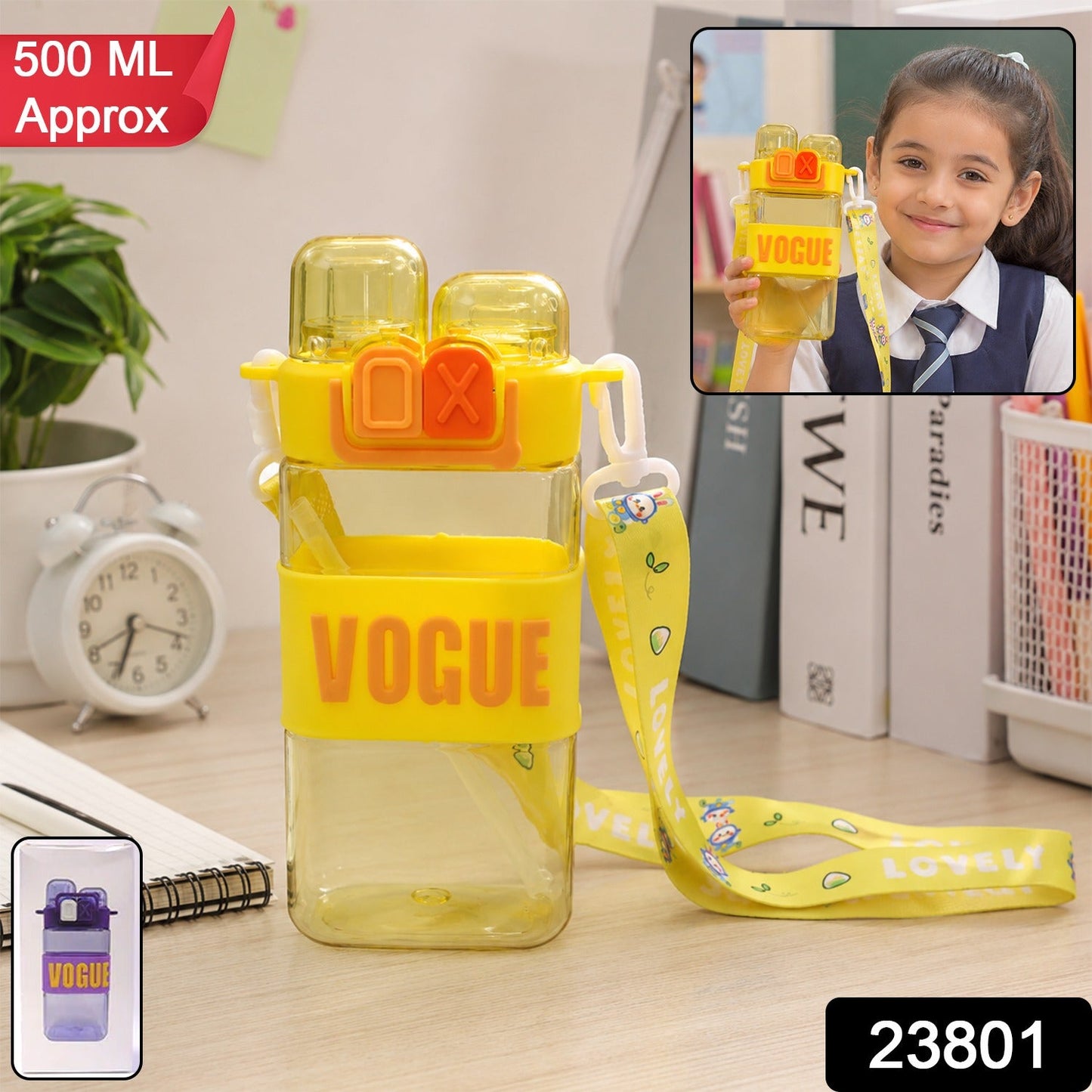 Leakproof dual compartment water bottle for girls, highlighting two separate sections.