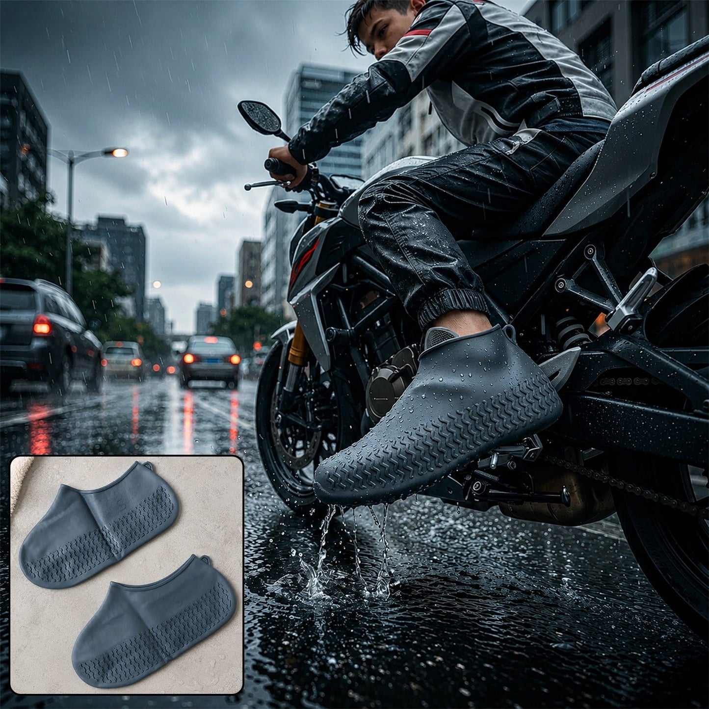 A person on a motorcycle in the rain wears a dark grey silicone shoe cover over their shoe, with two covers shown in an