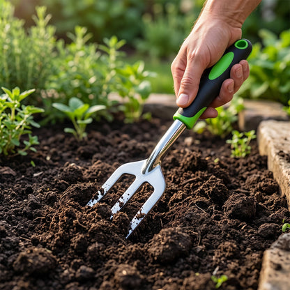 Durable 3 prong fork for breaking up soil and removing weeds