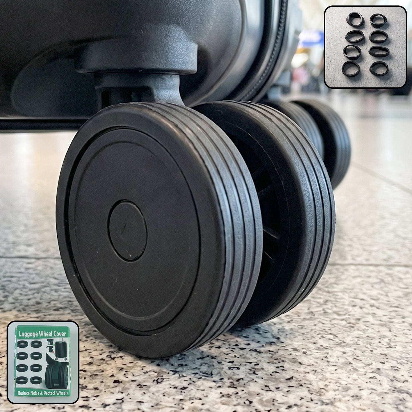 Silicone luggage wheel cover, noise reducing protector for suitcase (8 pc set)