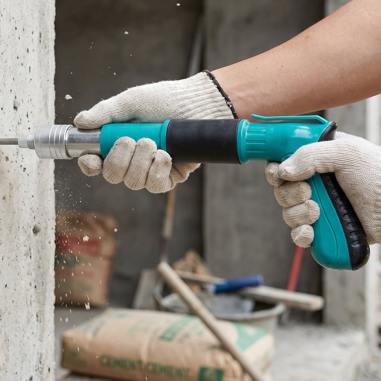 Manual nail gun tool pressing a nail into a wall