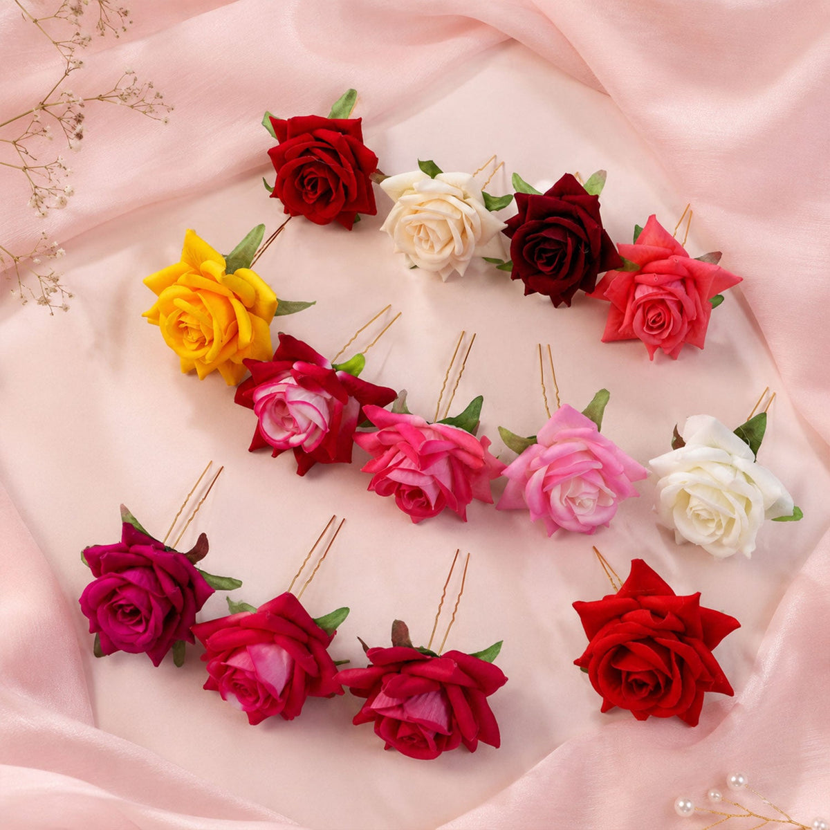 Flower Hair Pin set – Colourful Floral Accessory (12 Pcs) – close-up