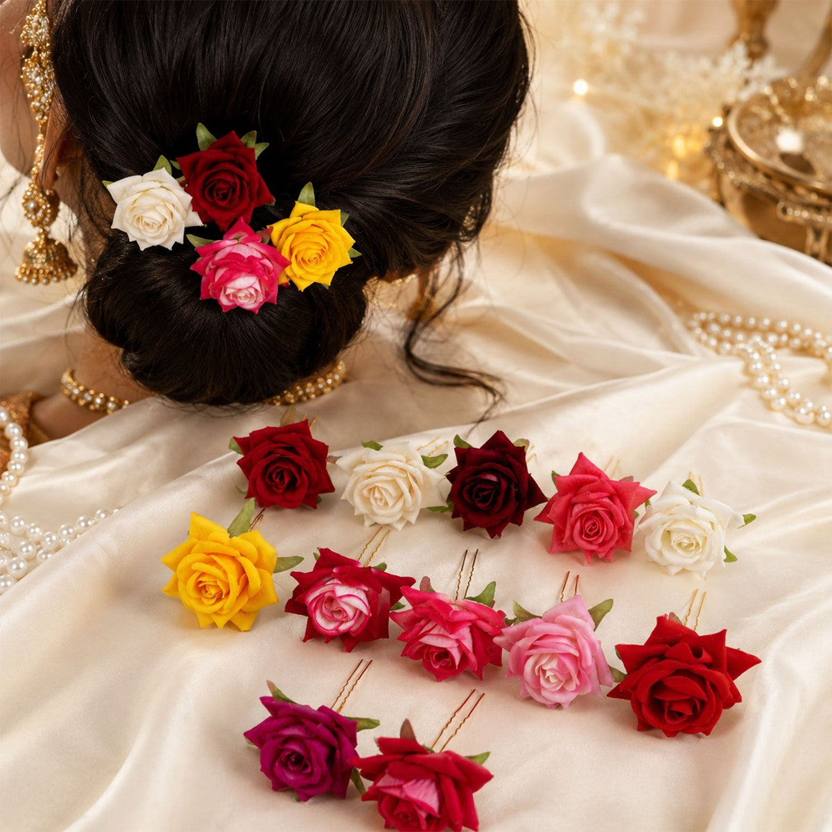 Flower Hair Pin set – Colourful Floral Accessory (12 Pcs) – detail view