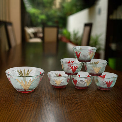 Glass Dessert Bowl set – 7 pc Rose Design – close-up