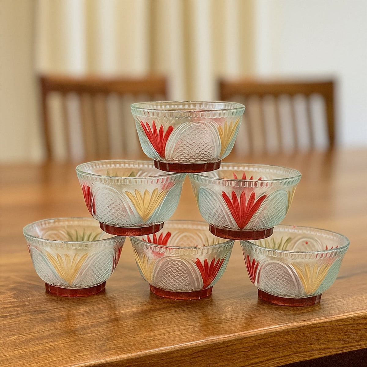 Glass Dessert Bowl set – 7 pc Rose Design – detail view