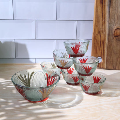 Glass Dessert Bowl set – 7 pc Rose Design – view 6