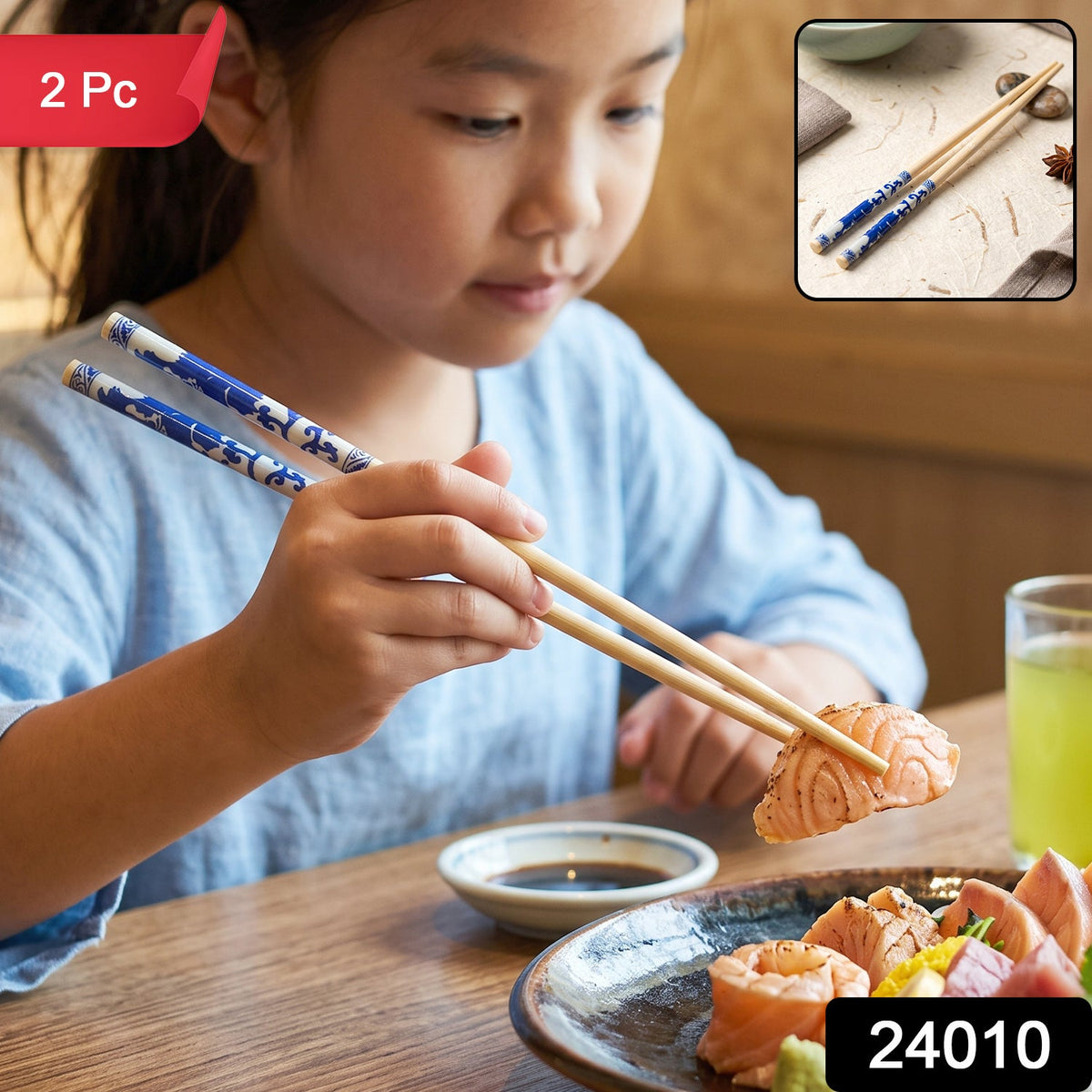 Reusable Bamboo Chopsticks with Blue Chinese Print Design – side view