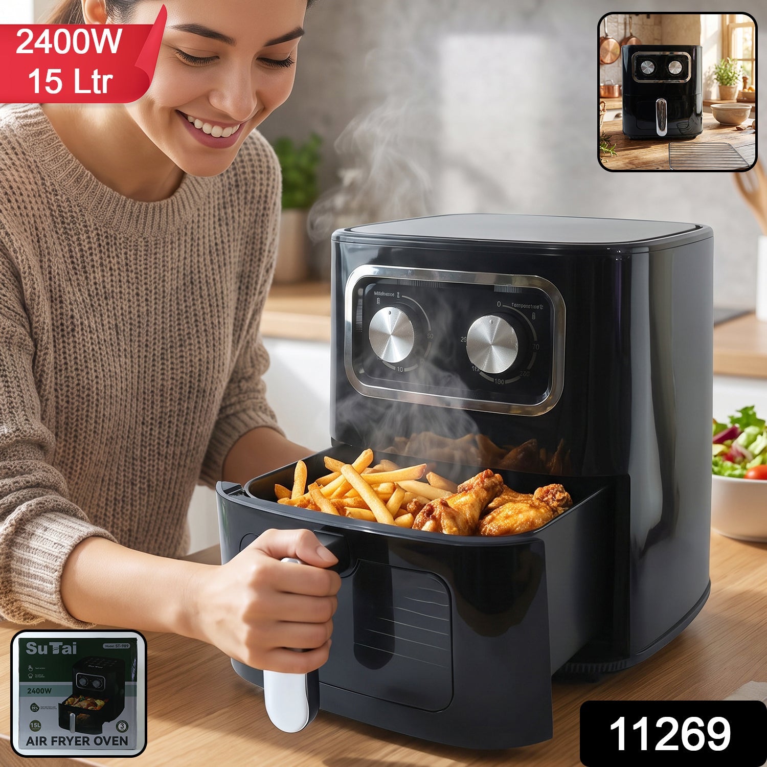 Large 15L air fryer oven for oil free frying, baking and roasting