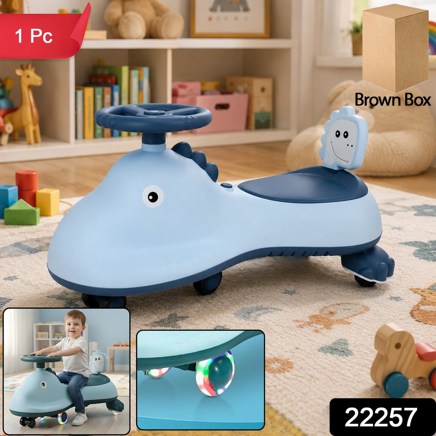 Blue shark swing car ride on toy with music for kids