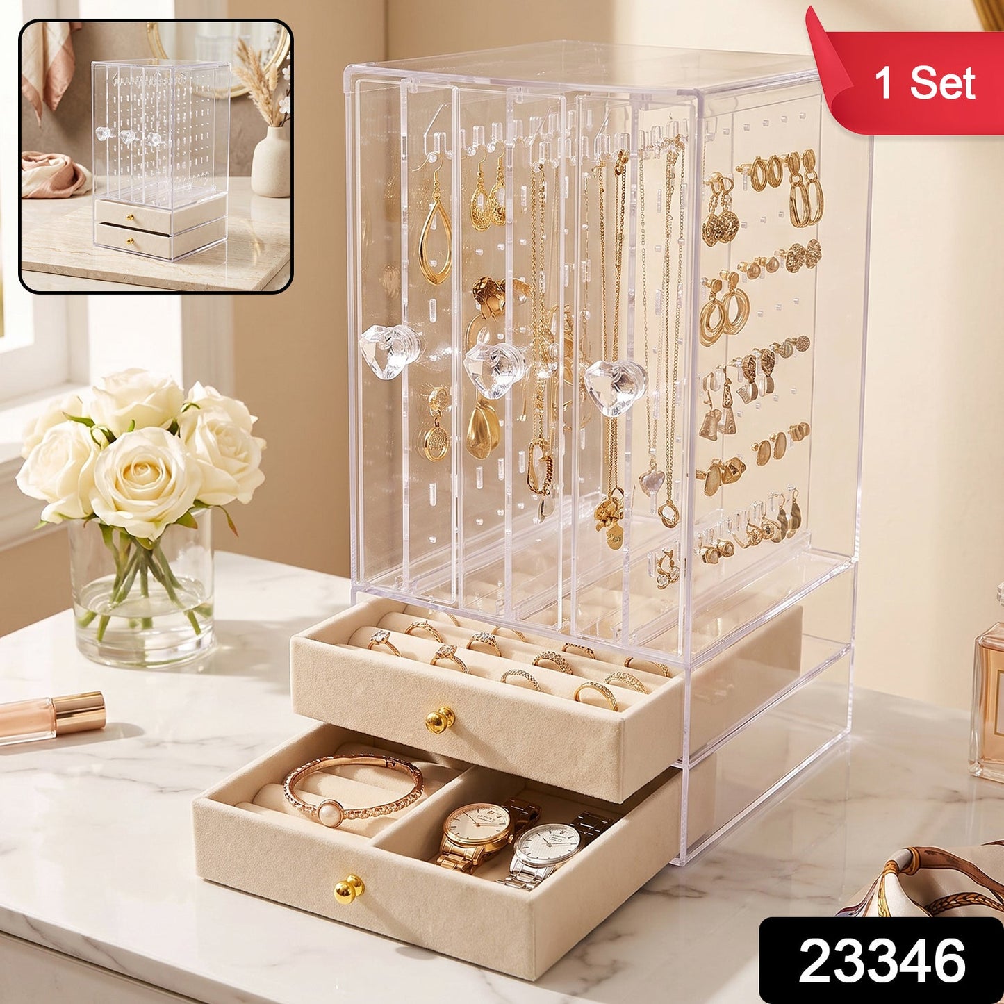 Acrylic jewellery box with hanging panels for earrings and studs