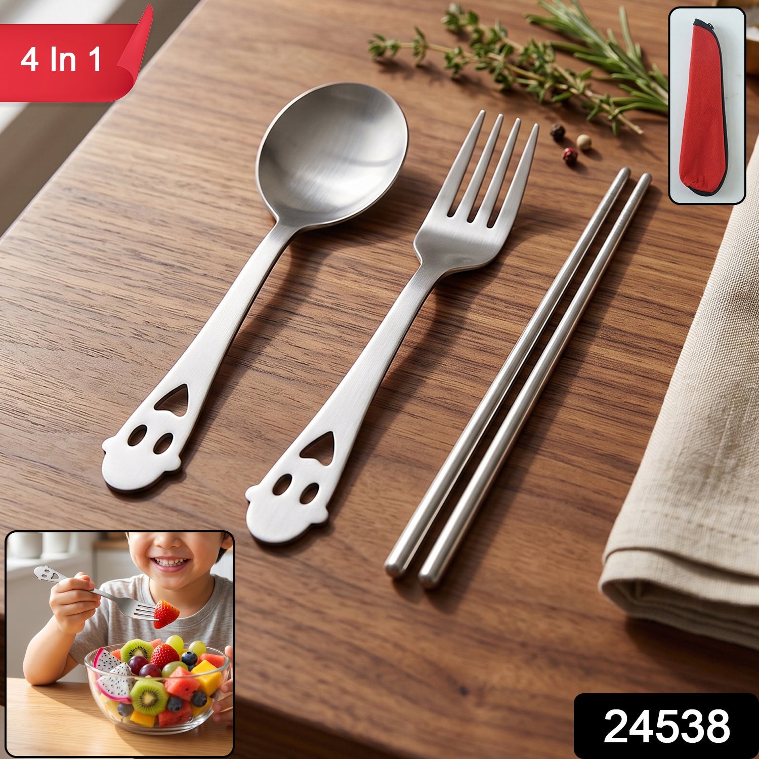 Reusable steel travel cutlery set with carry pouch