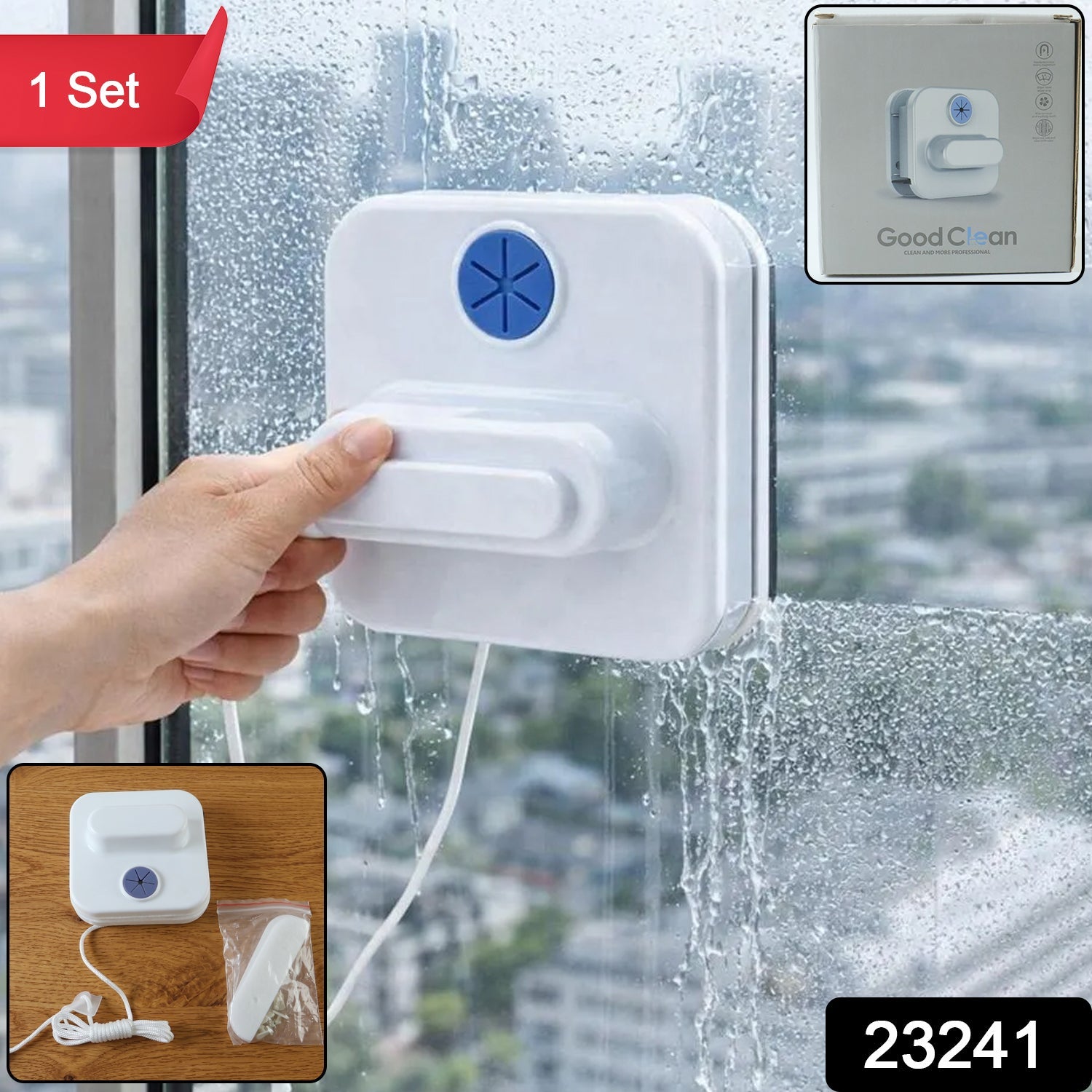Magnetic glass cleaner wiping both sides of a window simultaneously.