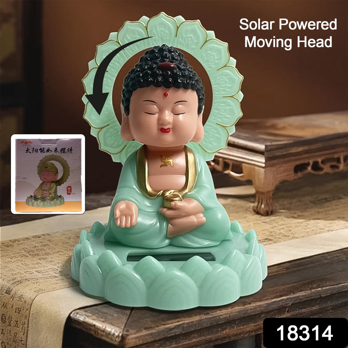 Solar Buddha Statue – Eco-Friendly Moving Head Decor – side view