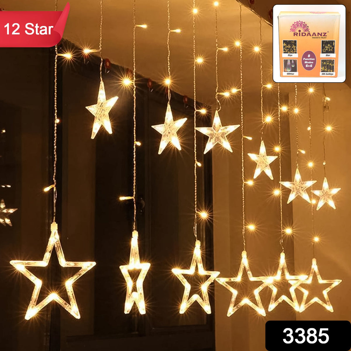 LED Curtain Lights – 12 Star Warm White for Home & Diwali – side view