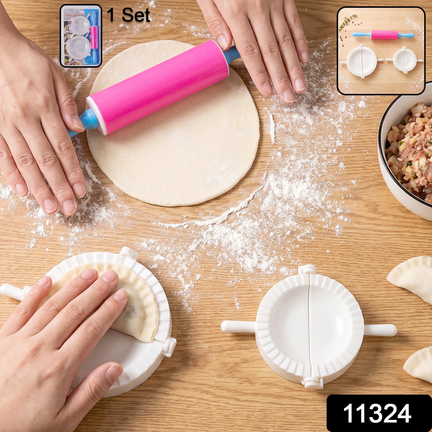 Dumpling press mould with rolling pin for making momos at home