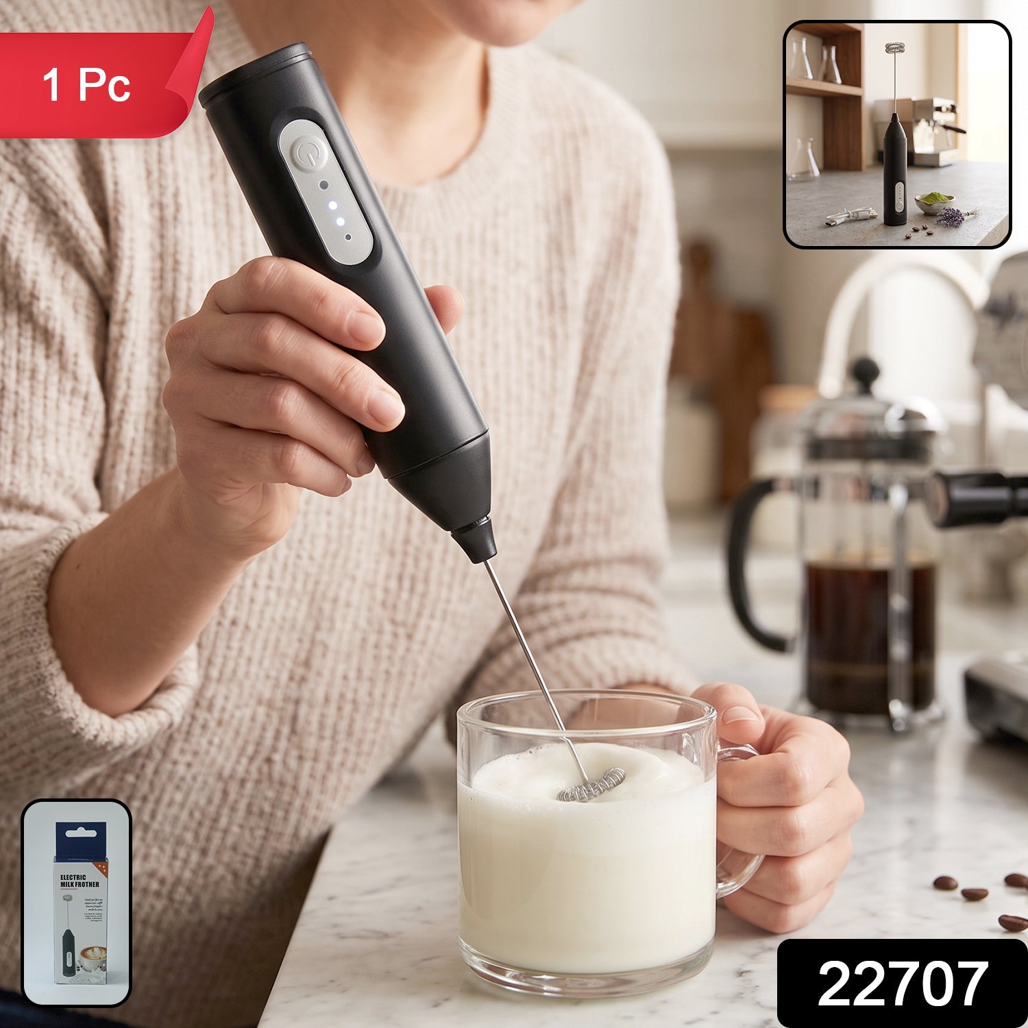 Battery operated milk frother for coffee, latte and cappuccino foam