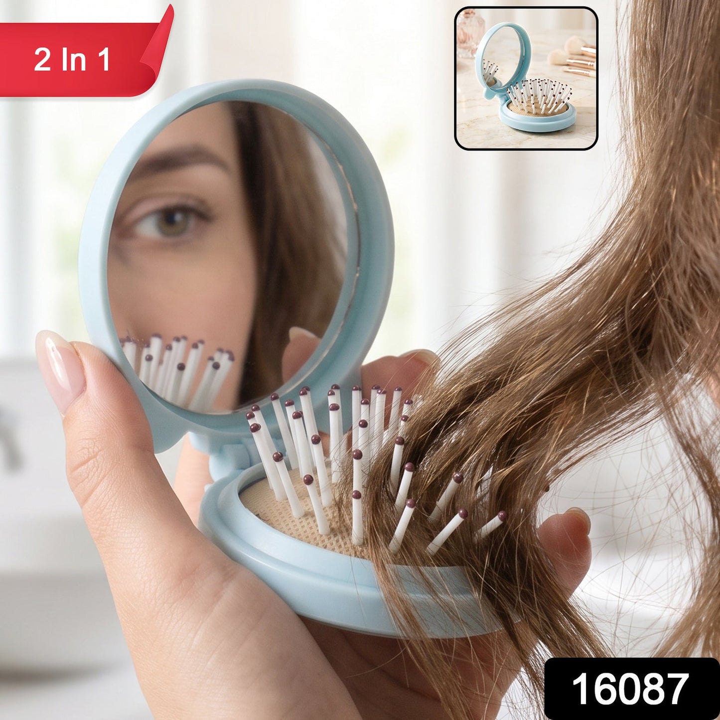 Foldable hair brush with built in mirror for handbag and travel