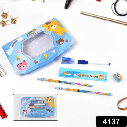 Kids Metal Compass Box set – Durable 6 pc Stationery – side view