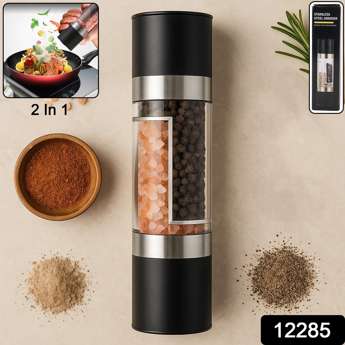 Salt and Pepper Grinder – 2-in-1 Stainless Steel Manual – side view